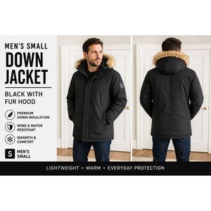 Mens Down Puffer Jacket Coat Winter Size Small Black Hood GH Bass Open Pockets